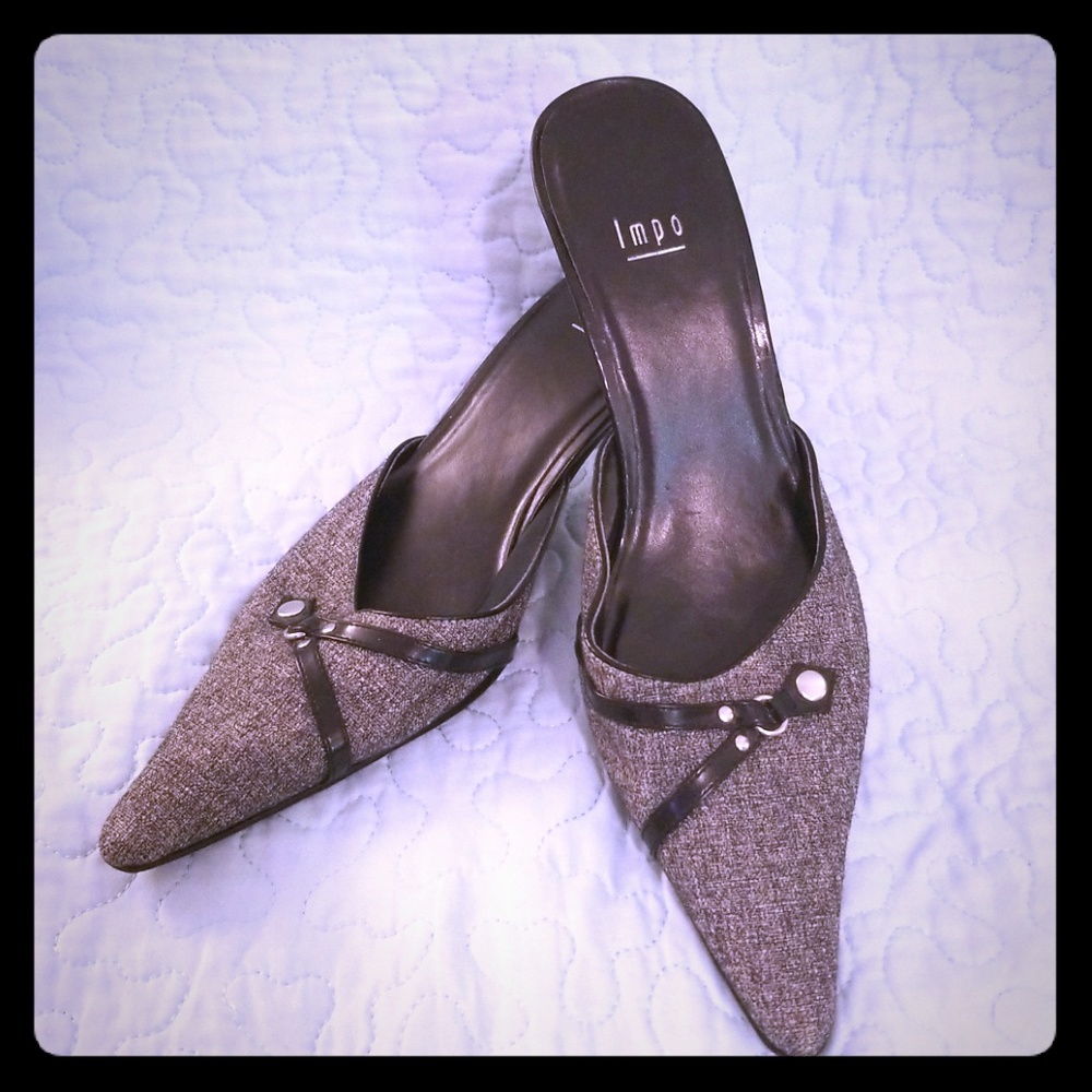 IMPO sz 10B Black Silver Slides 2.5" Heel